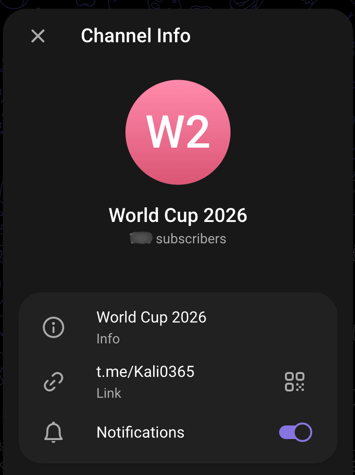 Telegram channel info for Kali365 (renamed World Cup 2026)