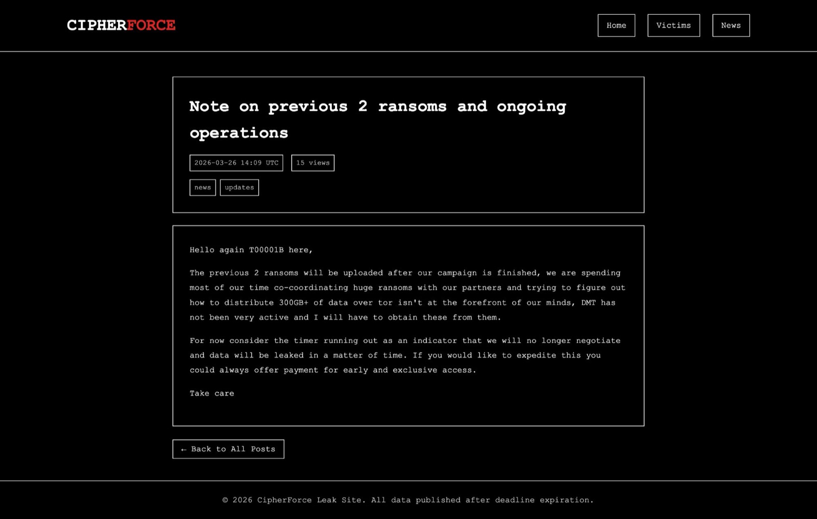 CipherForce leak site post from T00001B noting 300GB of data and active ransom coordination with partners