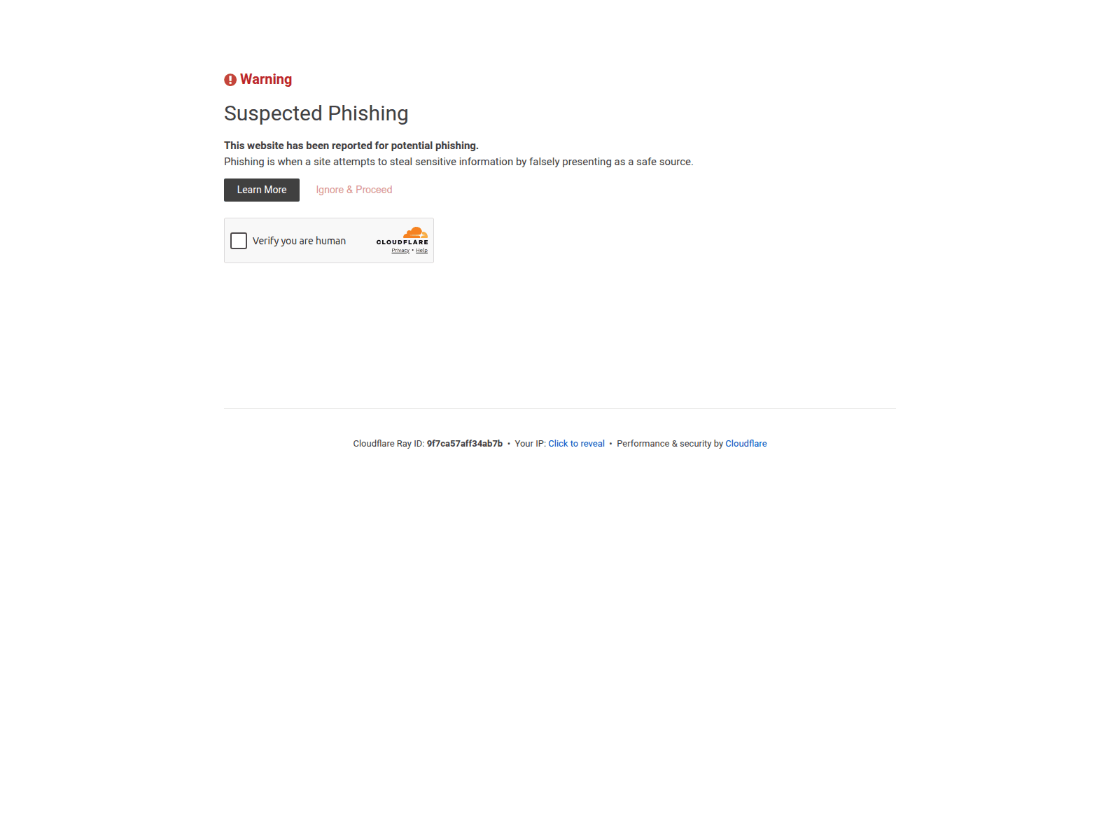 Example auth.duemineral.uk lure appearance with phishing interstitial and Cloudflare challenge