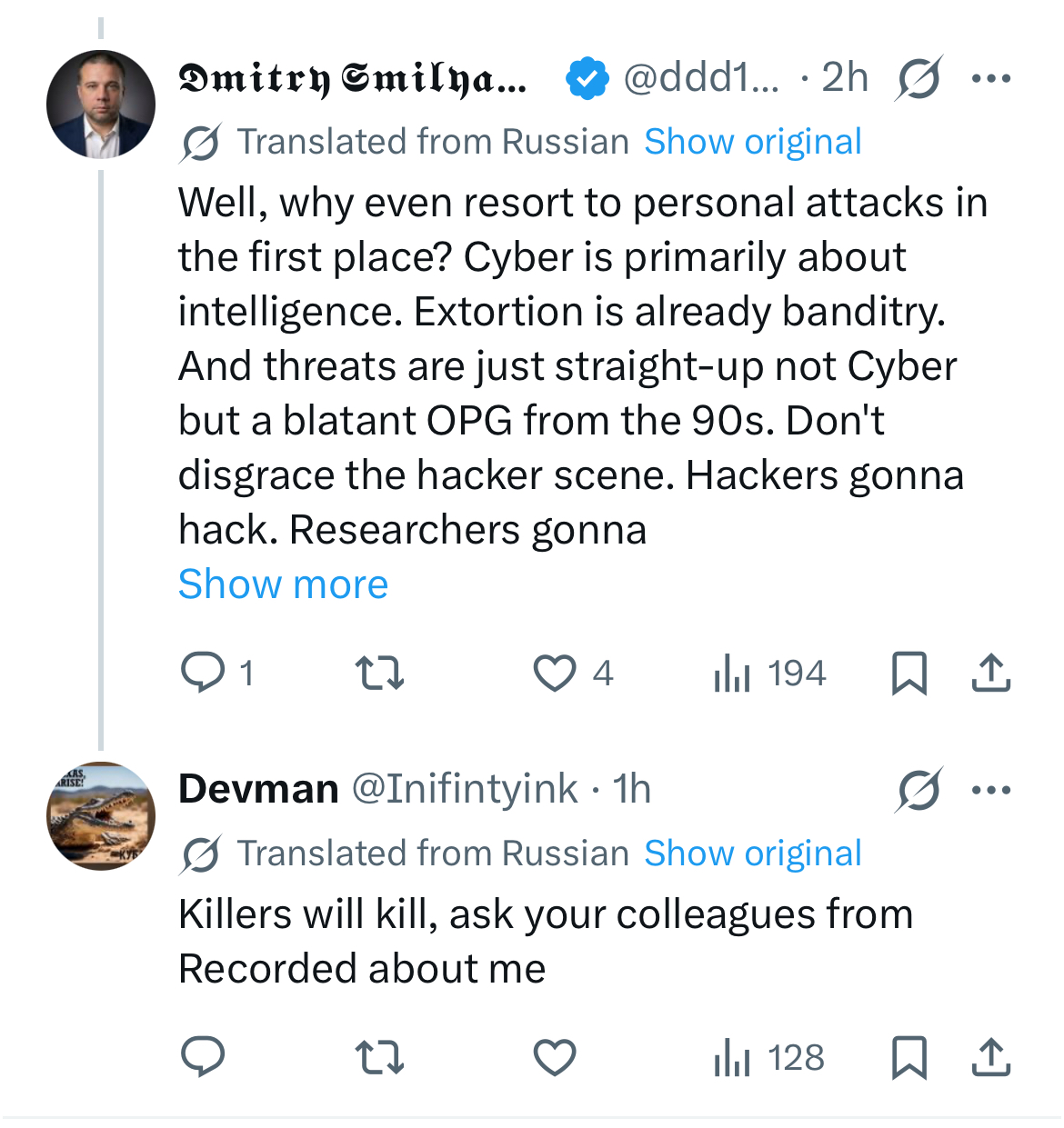 Exchange between ransomware actor and researcher on X