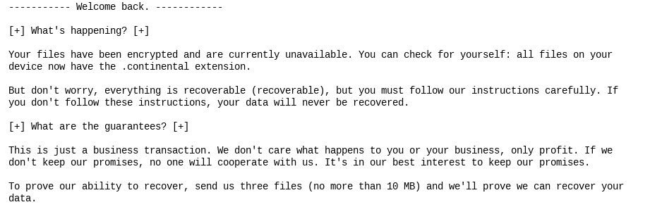 Ransomware operator's text file for victims